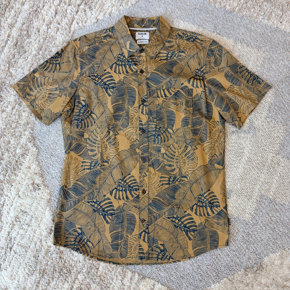 Hurley Mens Tropical Monstera Print Shirt Mustard Navy Blue Classic Fit Medium